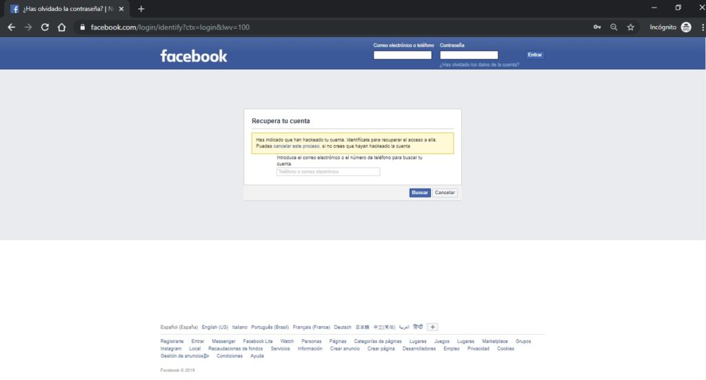 Identificando la cuenta de facebook que queremos recuperar